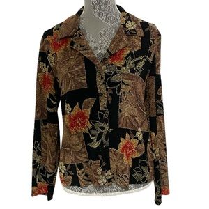 Coldwater Creek Small vintage black/brown/red floral stretchy button up blouse‎